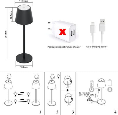 Klighten LED Dimmbare Akku Tischleuchte Anthrazit, Kabellose Wiederaufladbar Tischlampe Für Innen un