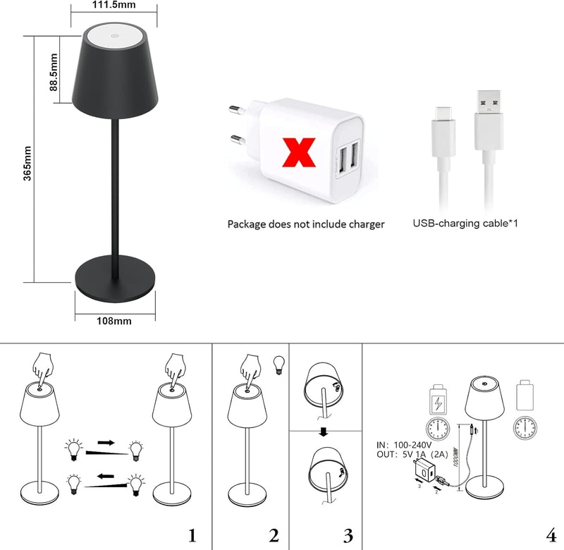 Klighten LED Dimmbare Akku Tischleuchte Anthrazit, Kabellose Wiederaufladbar Tischlampe Für Innen un