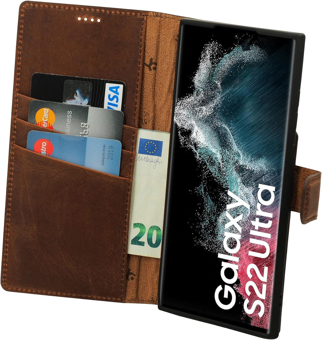 Suncase Book-Style Hülle kompatibel mit Samsung Galaxy S22 Ultra 5G Leder Tasche (Slim-Fit) Lederhül