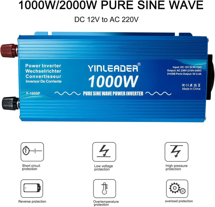 Yinleader Wechselrichter 1000W /2000W 12V 230V Reiner Sinus Spannungswandler mit 1 Steckdose 2 USB A