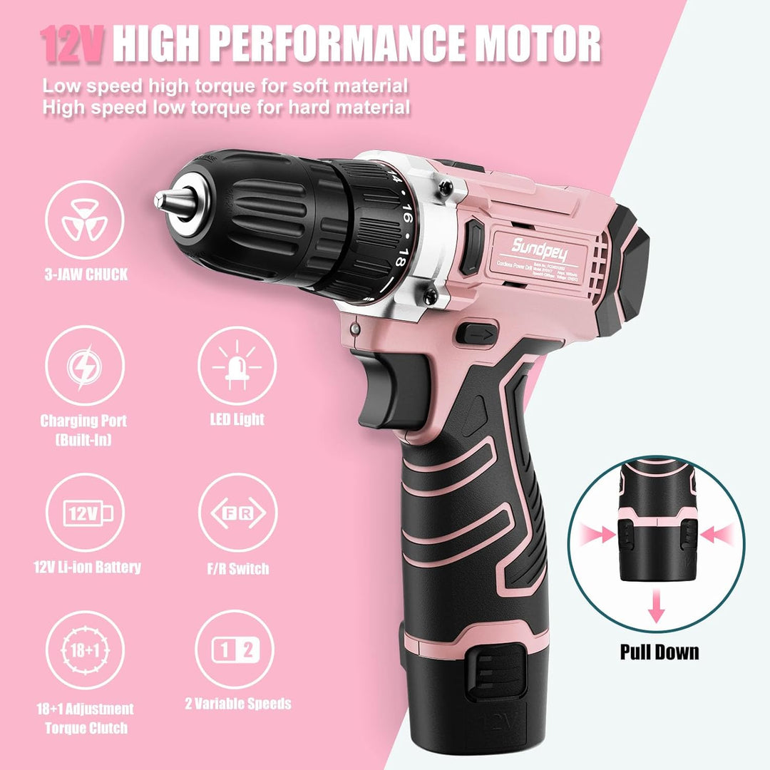 Sundpey Werkzeugkoffer Gefüllt 206tlg, 12V Akkuschrauber zum Anziehen/Lösen von Schrauben, Haushalts