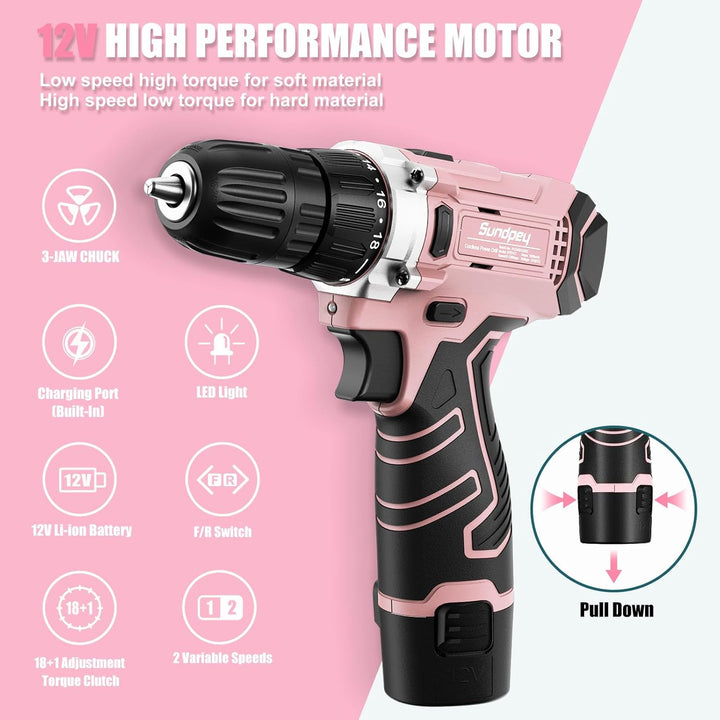 Sundpey Werkzeugkoffer Gefüllt 206tlg, 12V Akkuschrauber zum Anziehen/Lösen von Schrauben, Haushalts