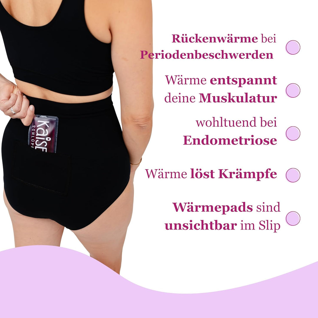 Kaiserschlüpfer Rückenschmeichler - Schwarze Unterhose für Damen mit Zwei Wärmepads - die Wärmflasch