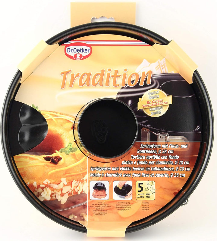 Dr. Oetker Springform mit Flach- und Rohrboden Ø 28 cm, Kuchenform aus Stahl mit Antihaftbeschichtun