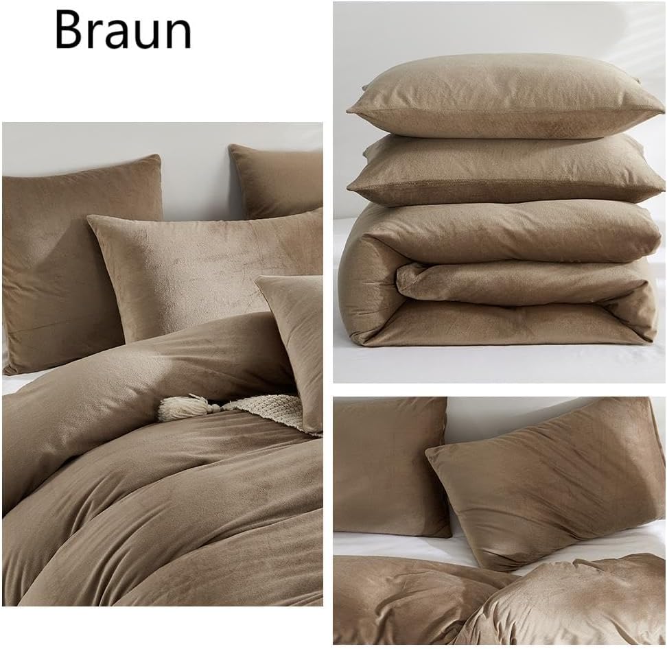 Freyamy Plüsch Bettwäsche 200x200cm 3Teilig Braun Flanell Flauschige Winterbettwäsche Samt Biber Cas