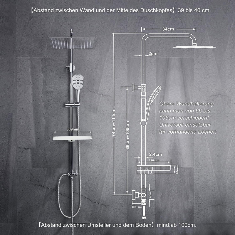 JOHO Edelstahl Duschsystem ohne Armatur Chrom Regendusche Duschset mit Duschgarnitur Ablage(Kopfbrau