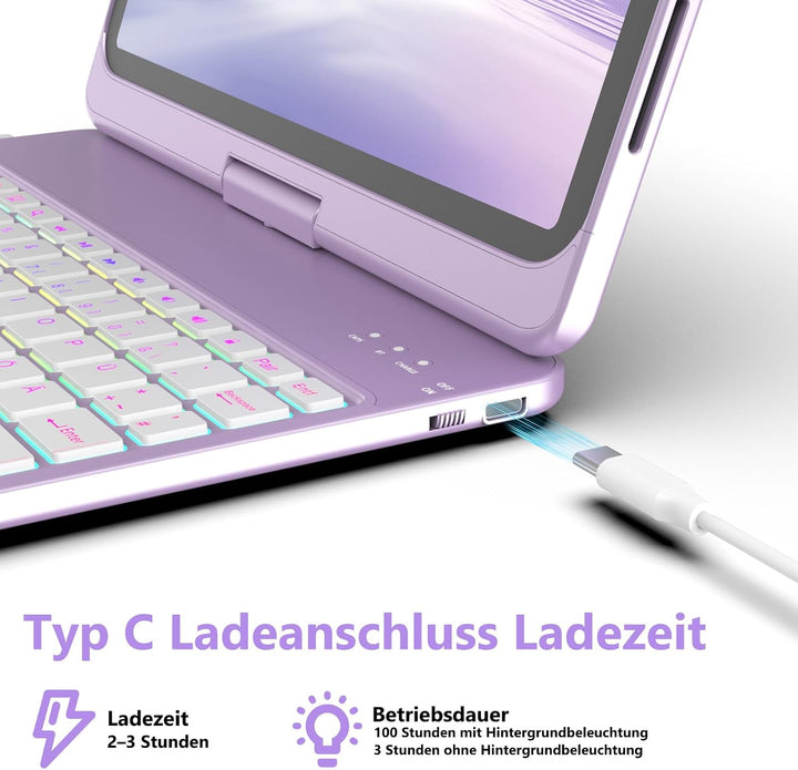 FUWANG Für iPad A16 11 (A16)/10 Gen Hülle mit Tastatur, Trackpad 360° DE Hellviolett Deutsch, DE Hel