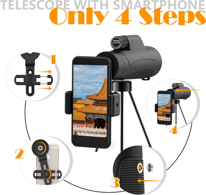 Monokular Teleskop 10X42 mit Nachtsicht mit BAK4 Prisma & FMC Objektiv with Smartphone Adapter and U