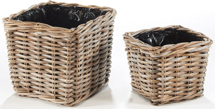 Kobolo Pflanzkorb Pflanzschale aus Rattan mit Folie in kubu Grey grau im 2er Set