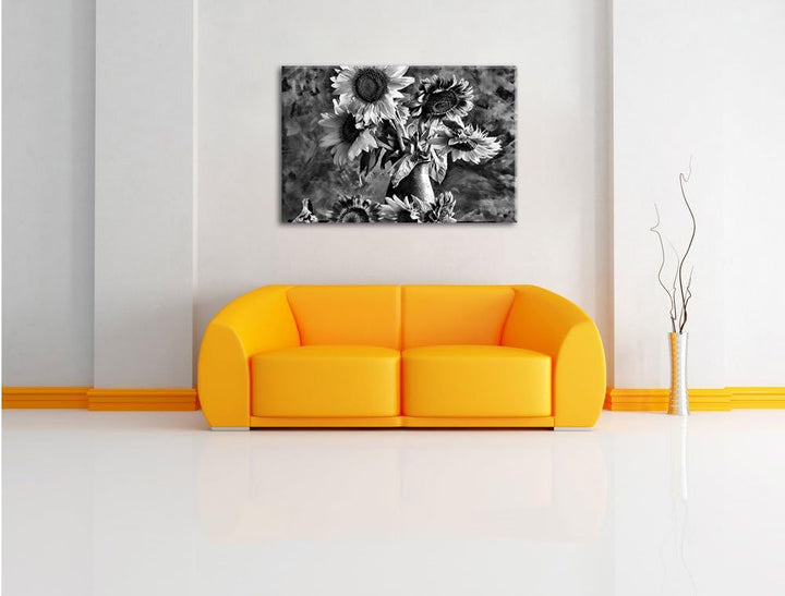 Pixxprint Monocrome, Sonnenblumen in edler Vase, Format: 100x70 auf Leinwand, 100x70