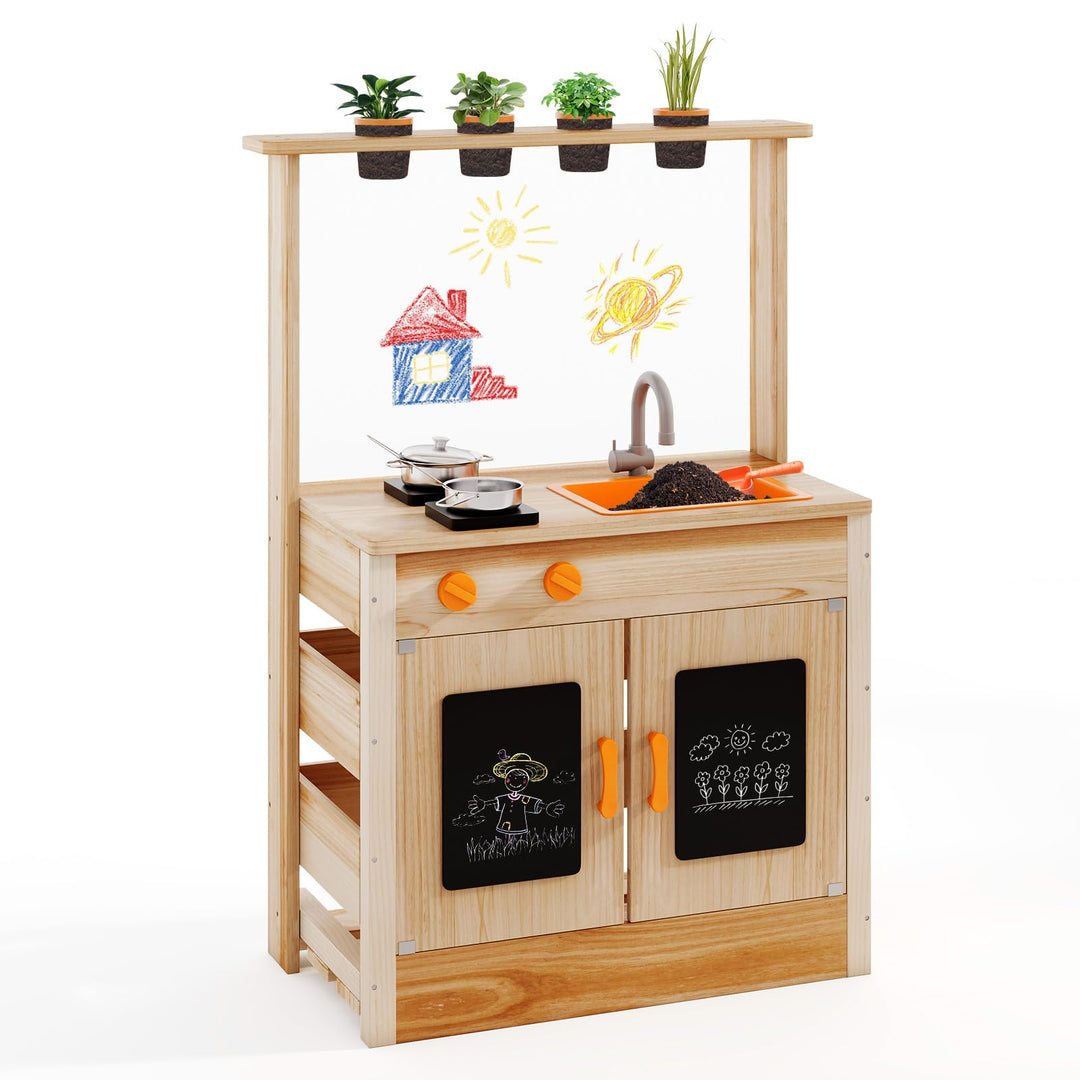 COSTWAY Matschküche Kinder Outdoor, Kinderküche Holz mit Pflanzentöpfen & Kochzubehör, Spielküche mi