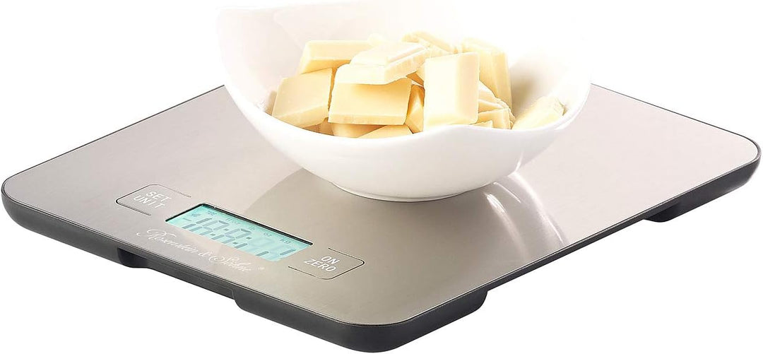 Rosenstein & Söhne Digitalwaage: Digitale Edelstahl-Küchenwaage mit Timer, bis 15 kg, auf 1 g genau