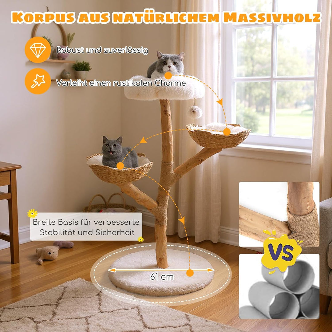 COSTWAY 122 cm Kratzbaum Holz, Katzenbaum mit Sitzfläche, 2 Körben aus Rattan, Kratzpfosten aus Jute
