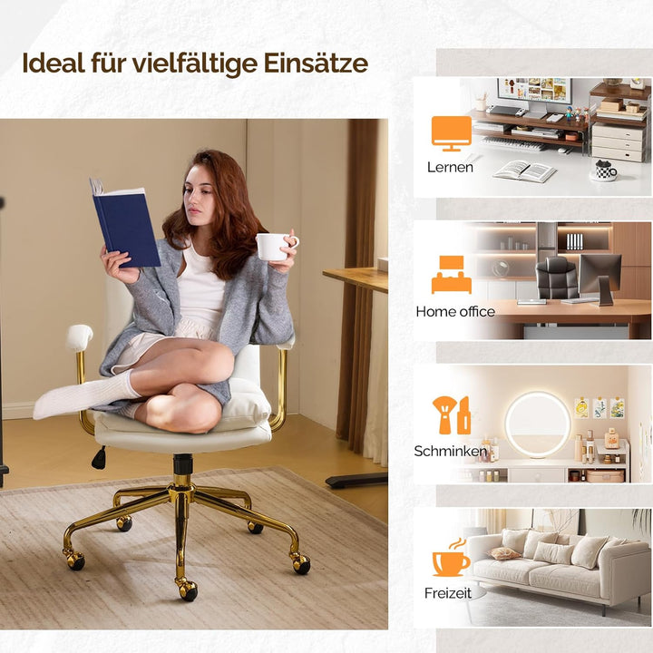 Bonnlo Bürostuhl Ergonomisch, Schreibtischstuhl mit Goldenen Armlehnen, Chefsessel, Drehstuhl mit Ro