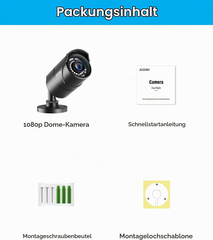 ZOSI CCTV 2.0MP 1080P Full HD Aussen Überwachungskamera Sicherheitskamera 30M IR Nachtsicht BNC Kabe