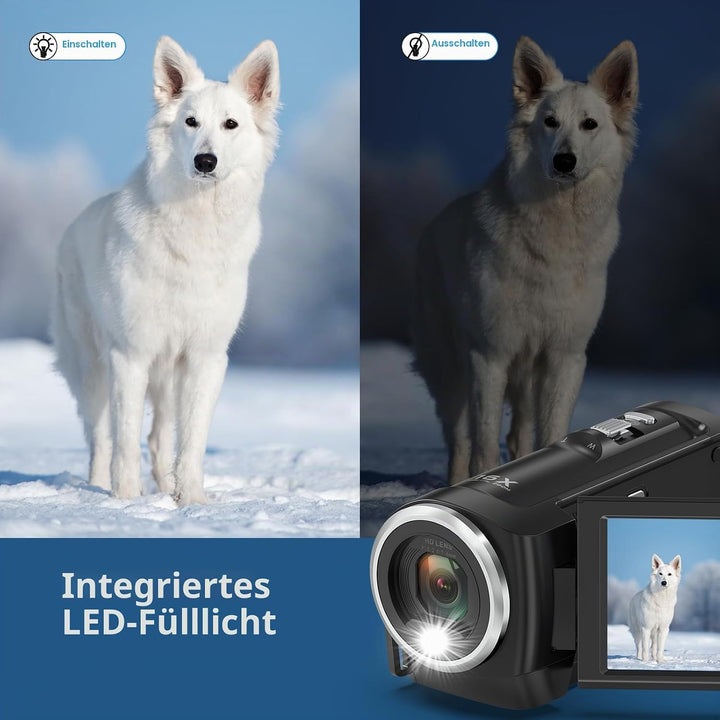 Videokamera 2.7K 56MP Camcorder 16X Digitalzoom Fülllicht Vlogging Camera Schwarz, Schwarz