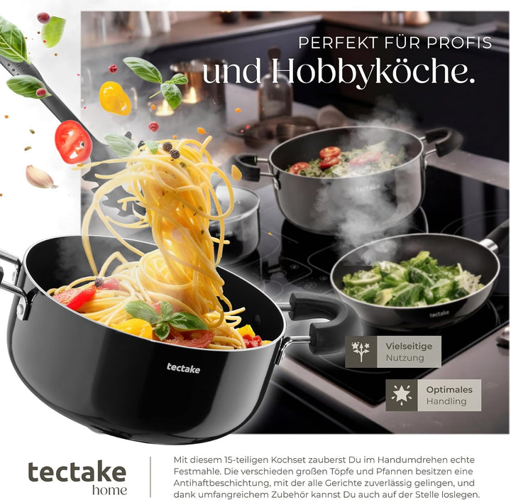 tectake® 15tlg Set mit 5x Küchenhelfer, 2x Pfanne, 4x Topf, jeweils mit Deckel, Kochtopf Set Antihaf