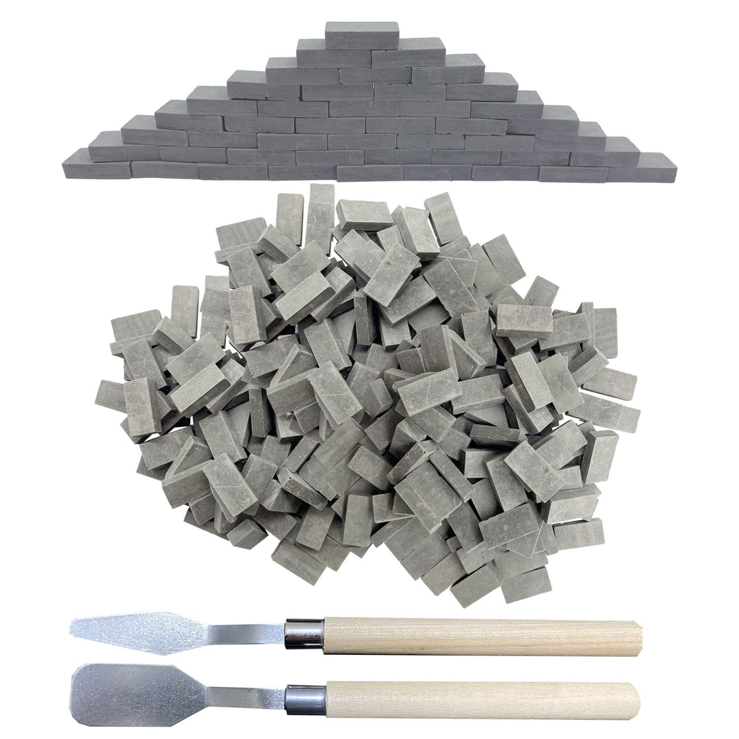 Woohome 350 Stück Mini Ziegel Mini Simulation Ziegel, Grau Mini Scale Ziegel mit Schaber für DIY Pup