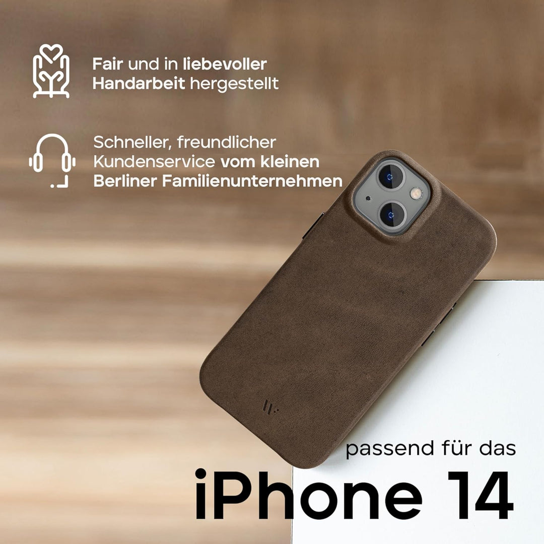 WIIUKA Hülle für iPhone 14, Leder aus Deutschland, Lederhülle extra Dünn, Premium Handyhülle, Case,