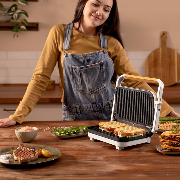 Cecotec Elektrischer Grill Rock'Ngrill 1300 Wood W. Leistung von 1300W, weisses Design, Rockstone-Be