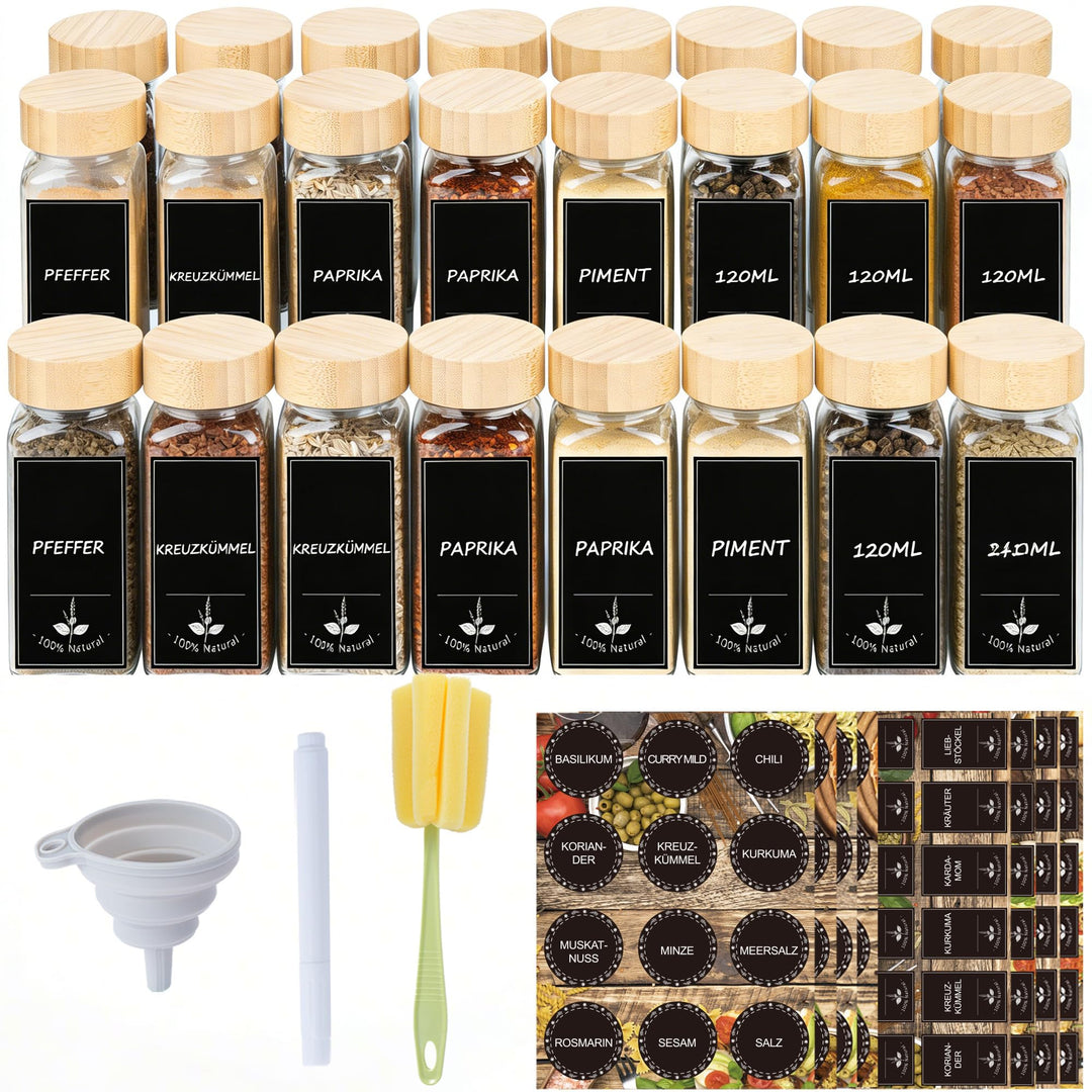 Verdego Gewürzgläser Eckig (24x 120ml), Gewürzdosen mit Holzdeckel, Trichter, Etiketten und Stift, G