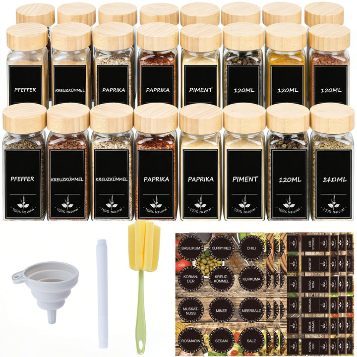 Verdego Gewürzgläser Eckig (24x 120ml), Gewürzdosen mit Holzdeckel, Trichter, Etiketten und Stift, G