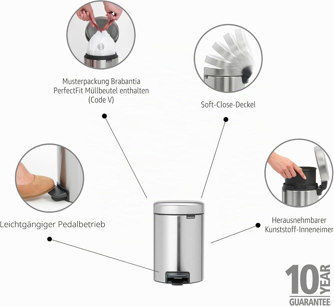 Brabantia 112164 Treteimer mit Inneneimer aus Kunststoff, stahl, Matt Stahl Fingerprint Proof, 3 Lit