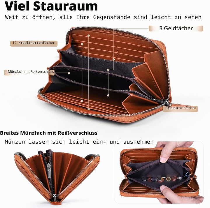 VISOUL Premium Brieftasche Echtleder/Italienisches Leder mit RFID-Schutz, XXL Geldbörse Braun L02, B