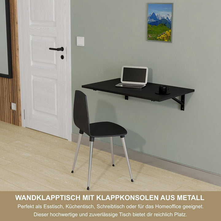 KDR Wandklapptisch 80x50 cm Schwarz – Klappbarer Tisch zur Wandmontage – als Esstisch, Schreibtisch,