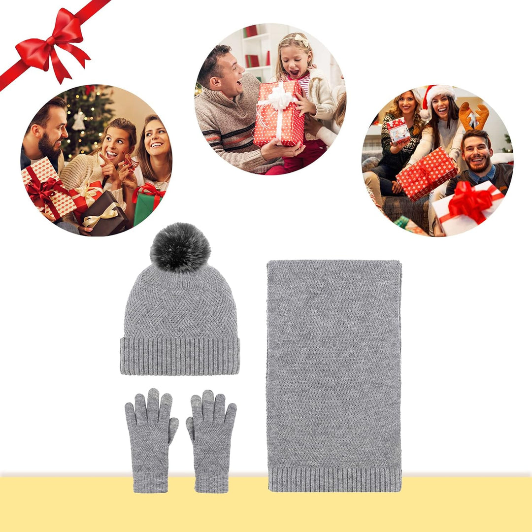 Damen Bommelmütze, Schals, Handschuhe, Set, Thermo, Winter, warm, Strickmütze, Halswärmer und Touchs