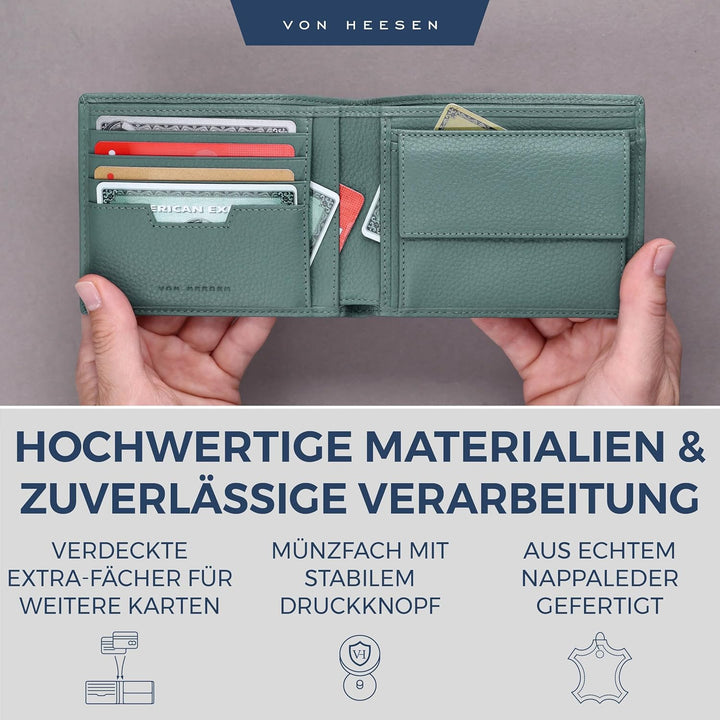 VON HEESEN Leder Geldbörse RFID Schutz I Echtleder Geldbeutel für Damen & Herren I Portemonnaie Brie