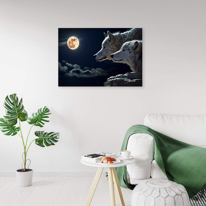 Feeby Wandbild Wölfe Druckbild Leinwandbild Mond Blau 100x70 cm Leinwandbild 100x70 cm Blau_a, Leinw
