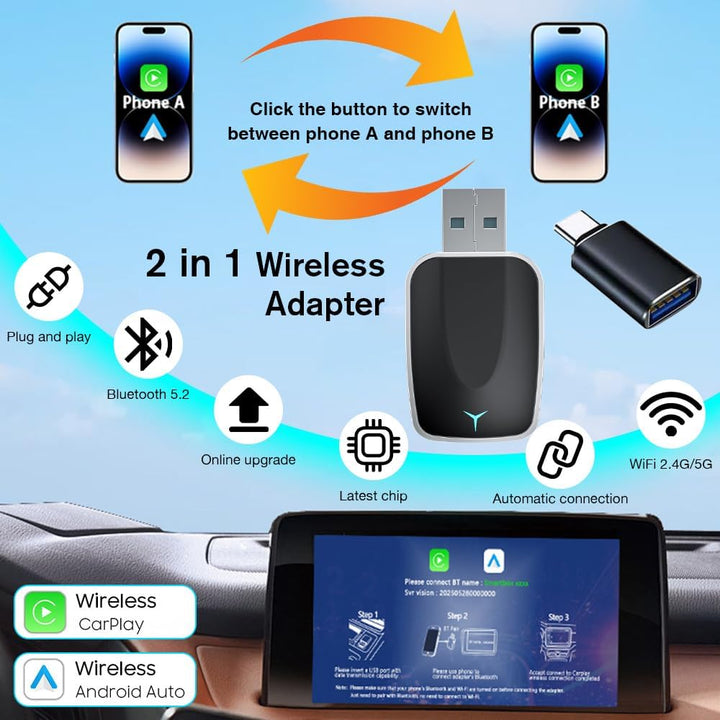 Mini Wireless CarPlay & Android Auto Adapter 2-in-1, Plug & Play, Schnelle Stabile Verbindung, Conve