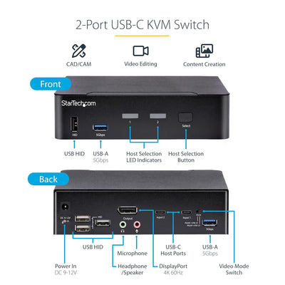 StarTech.com 2-Port USB C KVM Switch, KVM Umschalter mit 4K 60Hz DisplayPort UHD HDR Video, Thunderb