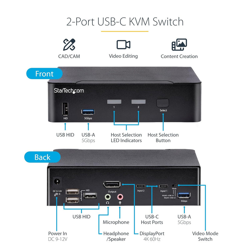 StarTech.com 2-Port USB C KVM Switch, KVM Umschalter mit 4K 60Hz DisplayPort UHD HDR Video, Thunderb