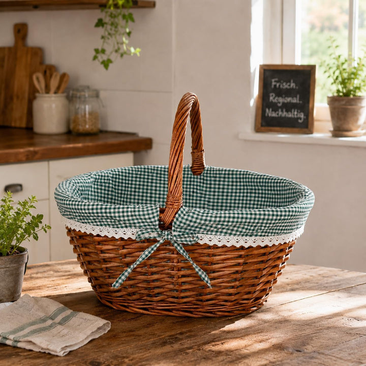 Kobolo Einkaufskorb geflochten Weide -mit Textil ausgeschlagen- grün weiss kariert - 45x34x20 cm
