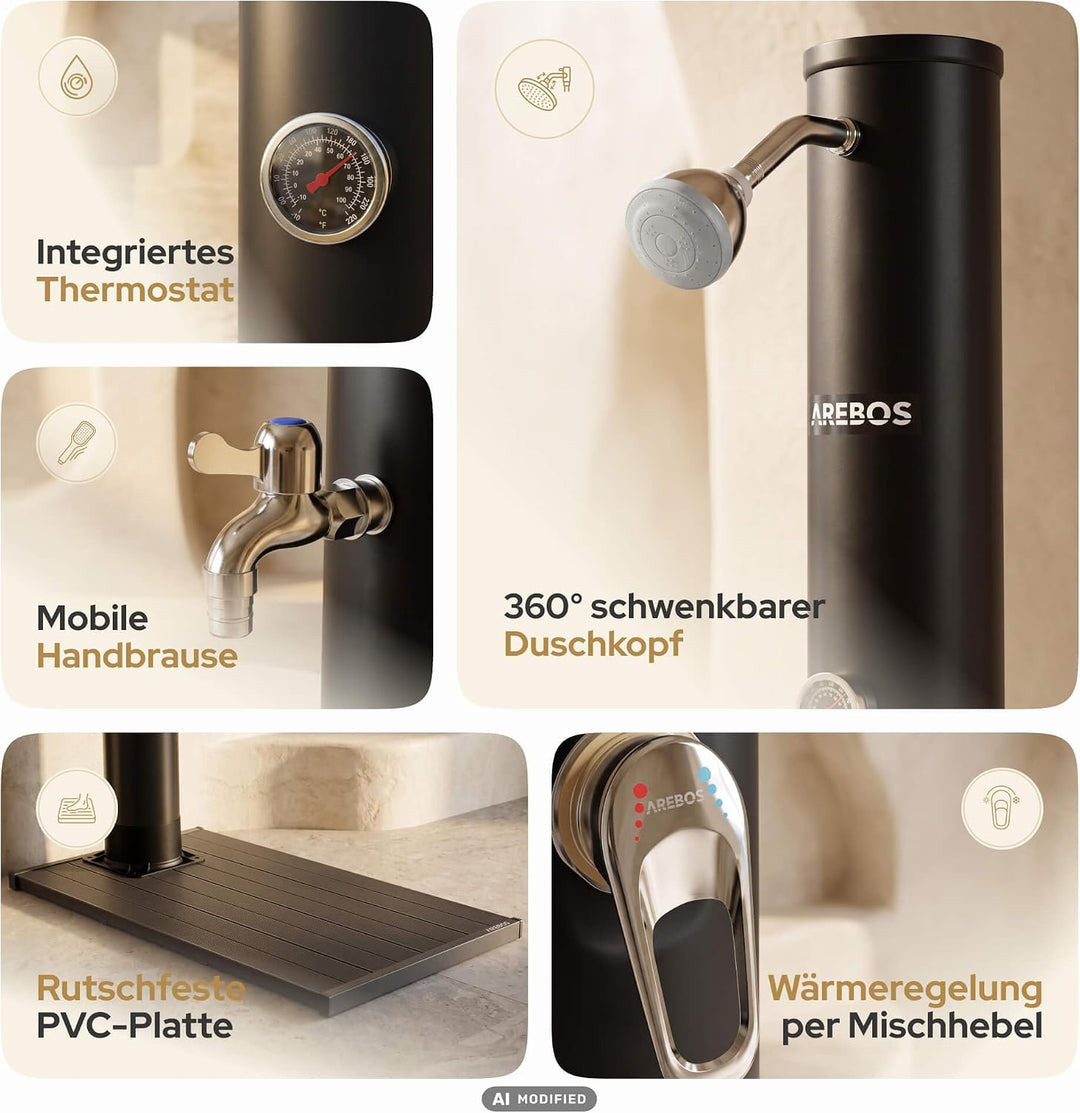 Arebos Solardusche 20L Set mit Bodenplatte für Garten, Pool &amp; Terrasse
