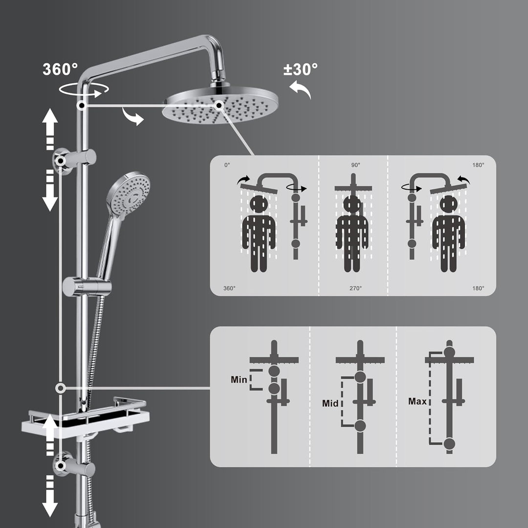 Görbach Regendusche Duschset ohne Armatur, Edelstahl Duschsystem mit Ablage, Duschstange set mit Kop