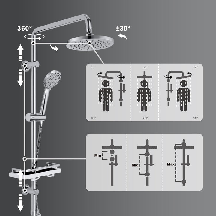 Görbach Regendusche Duschset ohne Armatur, Edelstahl Duschsystem mit Ablage, Duschstange set mit Kop