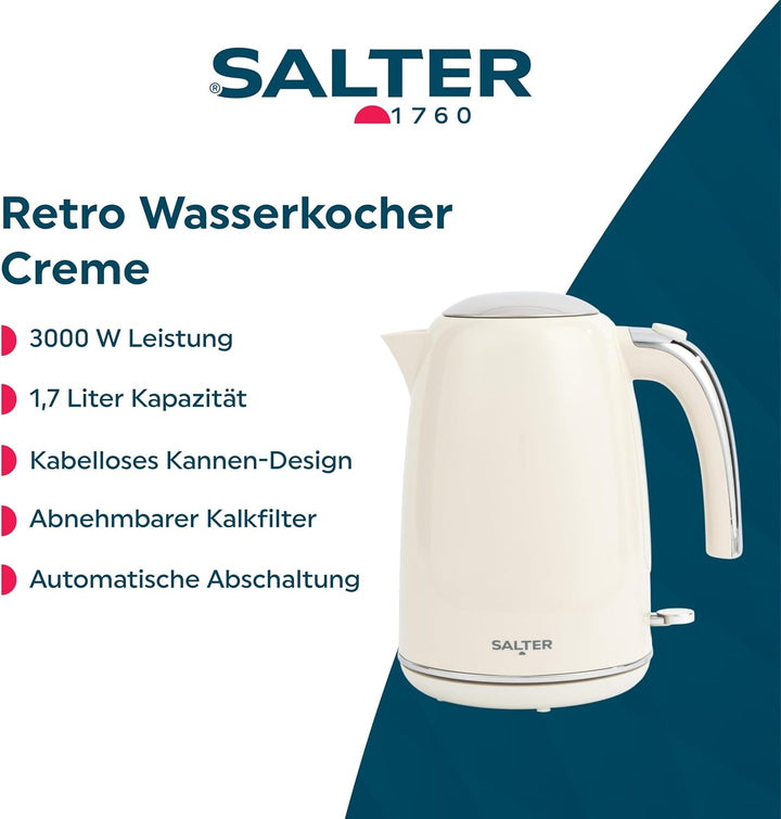 Salter Retro Cream 1,7L Wasserkocher - 2.2 Kw Kannen-Wasserkocher, 360° Sockel, Abnehmbarer Kalkfilt