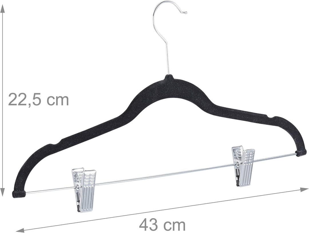 Relaxdays, schwarz Samtbügel mit Clips 12er Set, 360° drehbarer Haken, Hosenbügel, rutschfeste Hemde