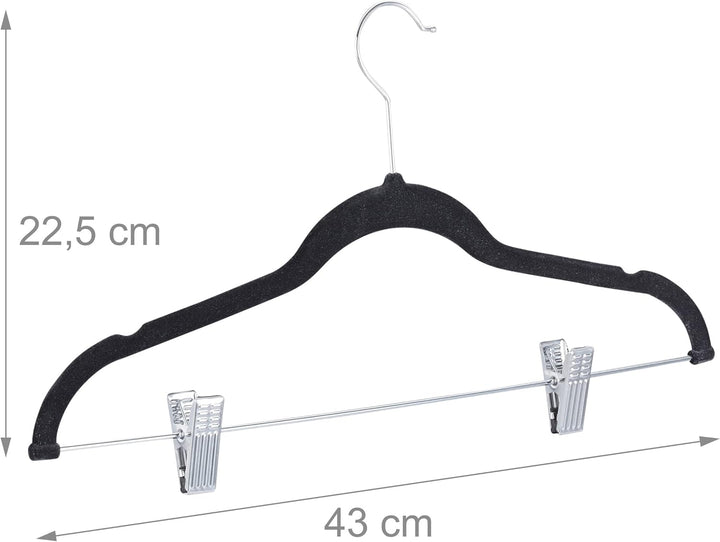 Relaxdays, schwarz Samtbügel mit Clips 12er Set, 360° drehbarer Haken, Hosenbügel, rutschfeste Hemde