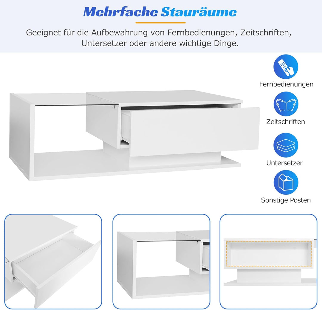 Merax Couchtisch Weiss Hochglanz mit LED, Moderner Wohnzimmertisch mit Stauraum Schubladen, Glasplat