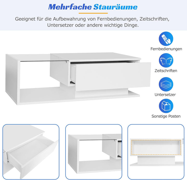 Merax Couchtisch Weiss Hochglanz mit LED, Moderner Wohnzimmertisch mit Stauraum Schubladen, Glasplat