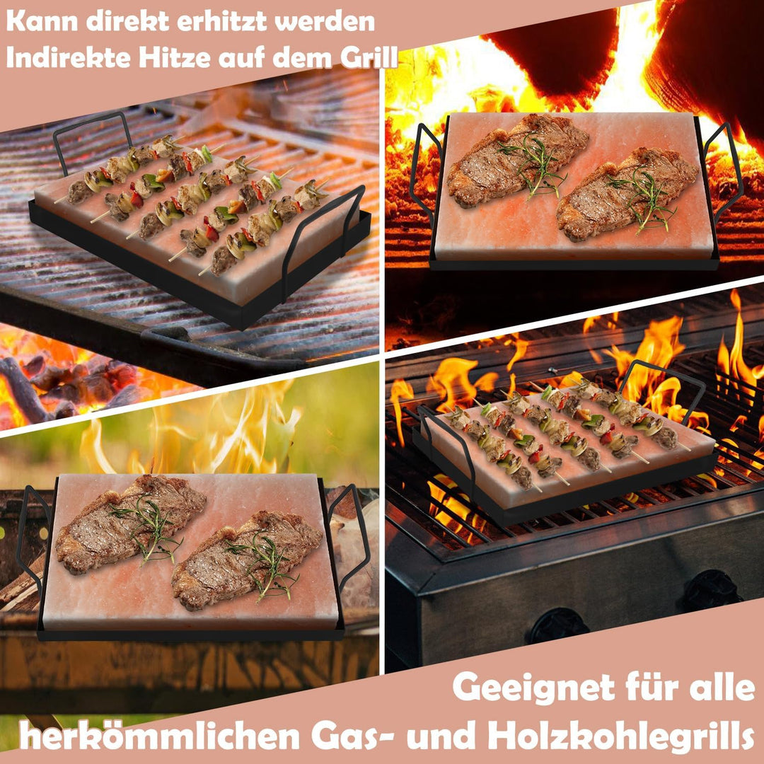 4 set XXL Salzstein zum Grillen, 20x30x3cm Salz Grillsteine Mit Eisenplatte, Original Kristallsalz,