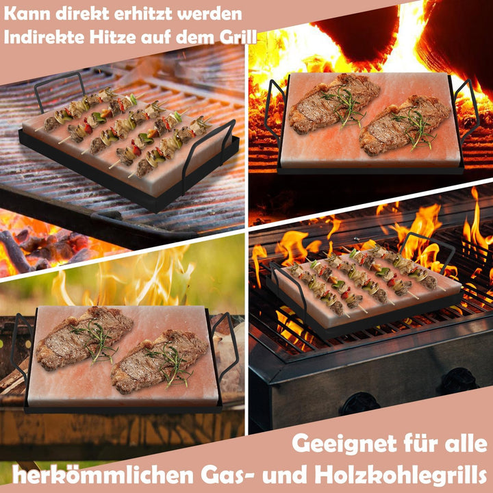 4 set XXL Salzstein zum Grillen, 20x30x3cm Salz Grillsteine Mit Eisenplatte, Original Kristallsalz,