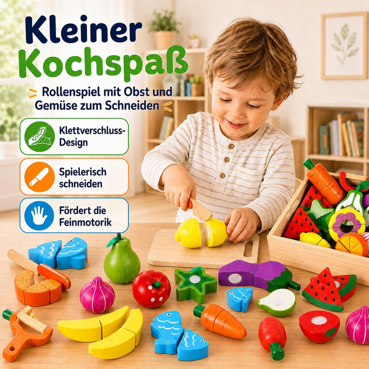 Kinder Holzspielzeug Küche – Schneideset mit Obst und Gemüse zum Zerschneiden, inkl. Schäler/Holzmes