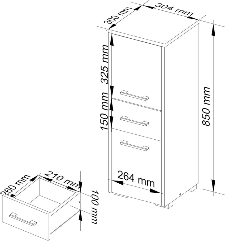 AKORD Badezimmerschrank schränke | Badezimmer kommode | FIN 85 2D1SZ, 2 Türen und 1 Schublade, B30 x