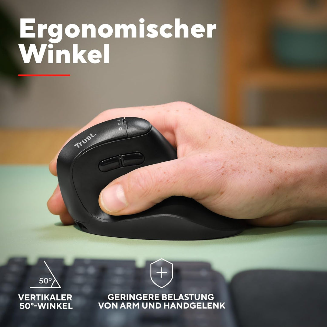Trust Vyran Kabellose Ergonomische Maus Ultraschnelles Scrollrad, Schwarz | Horizontales Scrollen, B