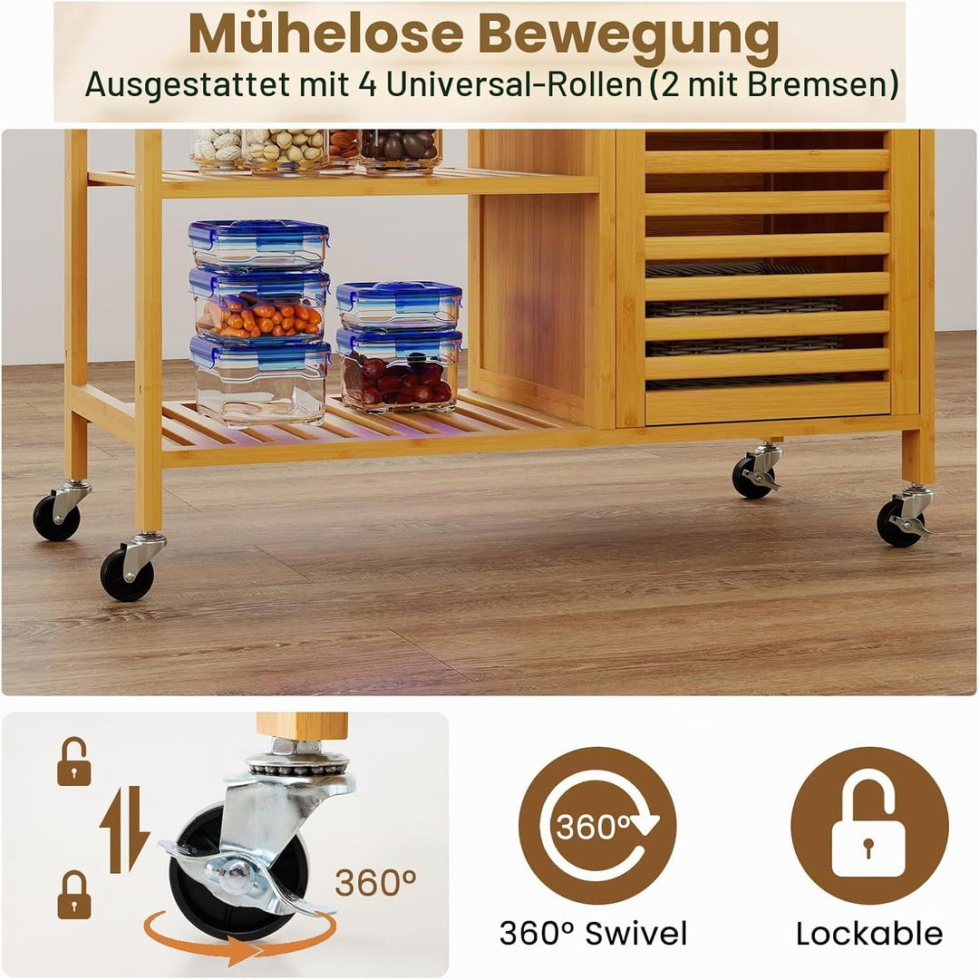 KOMFOTTEU Servierwagen aus Bambus, Küchenwagen mit Schublade, 3 offene Regale & Türschrank, Küchentr